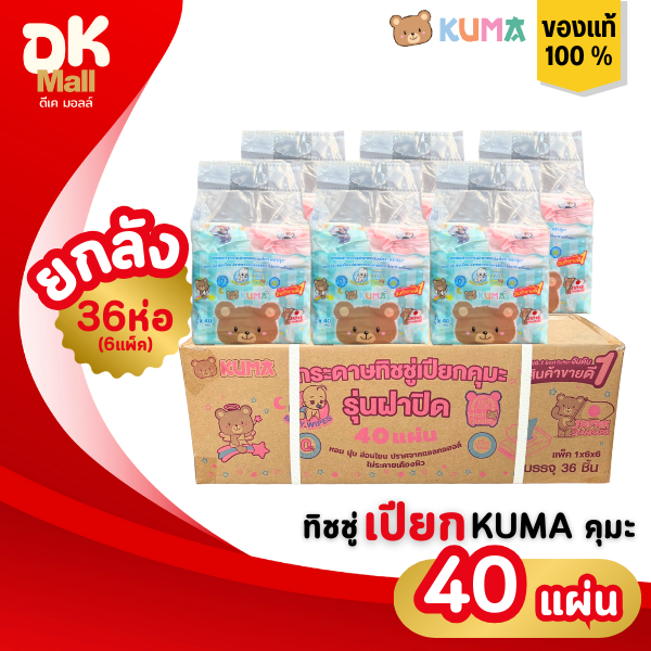 (live) [ ยกลัง ] Kuma ผ้าเช็ดทำความสะอาดผิวแบบเปียก ทิชชู่เปียกคุมะ 40 แผ่น (6แพ็ค 36ห่อ) 2สีในแพ็ค ฟ้า/ชมพู