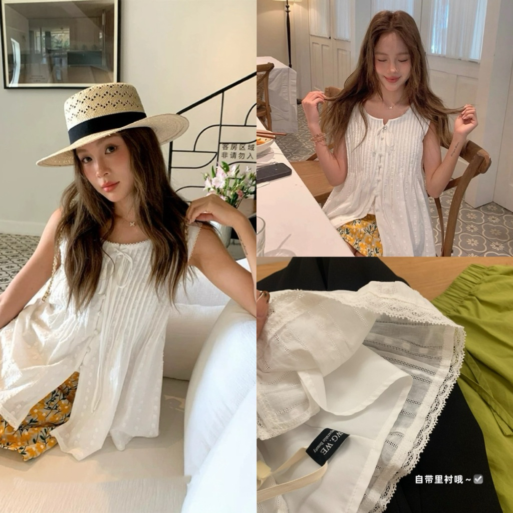 8484# เสื้อแขนกุดคอยู กระดุมหน้าผ้าลูกไม้ เนื้อผ้าดี งานสวย TAG:WG.WE 🇰🇷