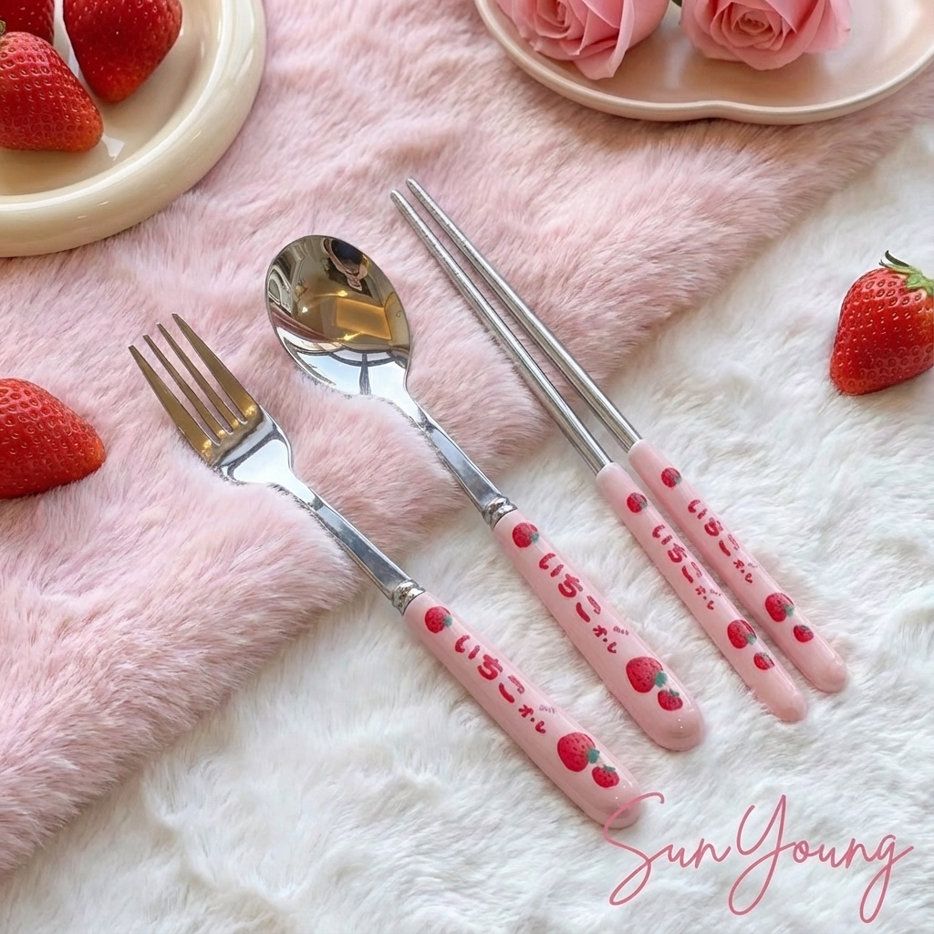 SunYoung ✨ ชุดช้อนส้อมพกพา 3 ชิ้น ลายสตอเบอรี่ ด้ามจับเซรามิก สแตนเลสแท้ กล่องใส สไตล์ญี่ปุ่น