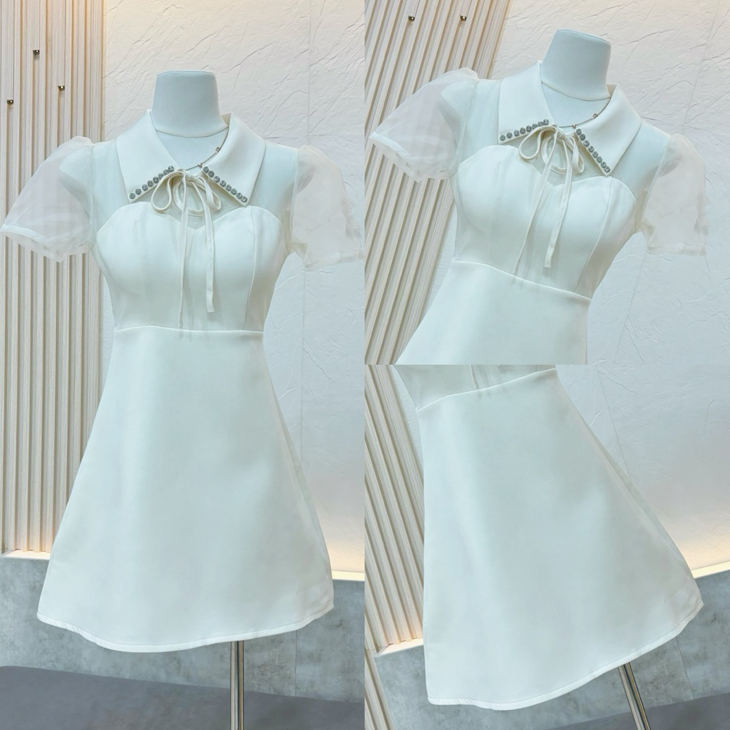 A054 LUNA.BRAND ชุดเดรสกระโปรงคอปกผูกโบว์แต่งเพชรคริสตัล แขนตุ๊กตาผ้าชีฟอง เรียบหรูผู้ดีสุดๆ ใส่ออกงาน คาเฟ่ ทำงาน - รูปที่ 2