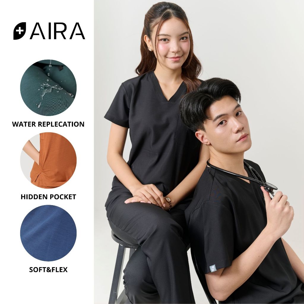 ชุดสครับ พร้อมปักชื่อ สะท้อนน้ำ Aira Scrubs สีดำ