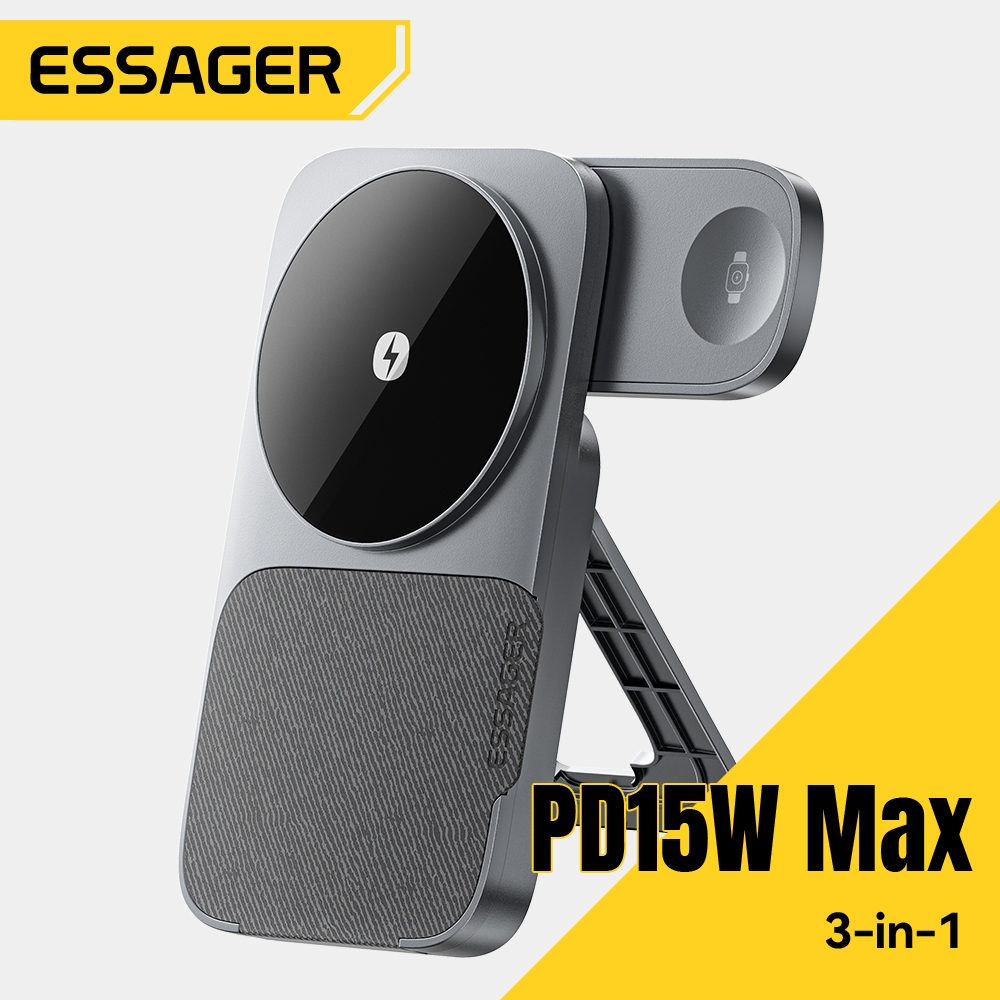 Essager PD15W Max เครื่องชาร์จไร้สายตั้งโต๊ะ 3-in-1 เหมาะสำหรับโทรศัพท์มือถือ/นาฬิกา/หูฟัง