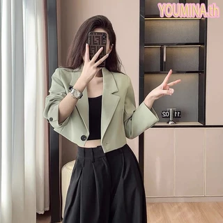 （COD）เสื้อเบลเซอร์สั้นสำหรับผู้หญิง เสื้อแจ็คเก็ตปกกว้างอเนกประสงค์ เสื้อสูทติดกระดุมสุดเก๋