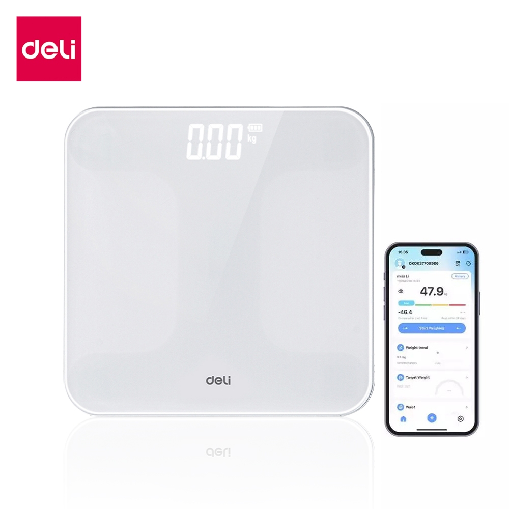 [แถมฟรีถ่าน] Deli เครื่องชั่งน้ำหนักดิจิตอล เชื่อมแอป รองรับ 180Kg เครื่องชั่งอัฉริยะ Weighing Scale