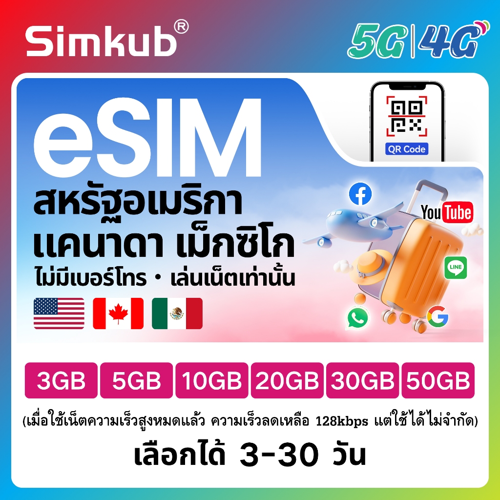 eSIM USA&Canada&Mexico ใช้ได้ใน 3 ประเทศ ซิมท่องเที่ยว เน็ต 3-50GB รองรับ 5G/4G เลือกได้ 3-30 วัน