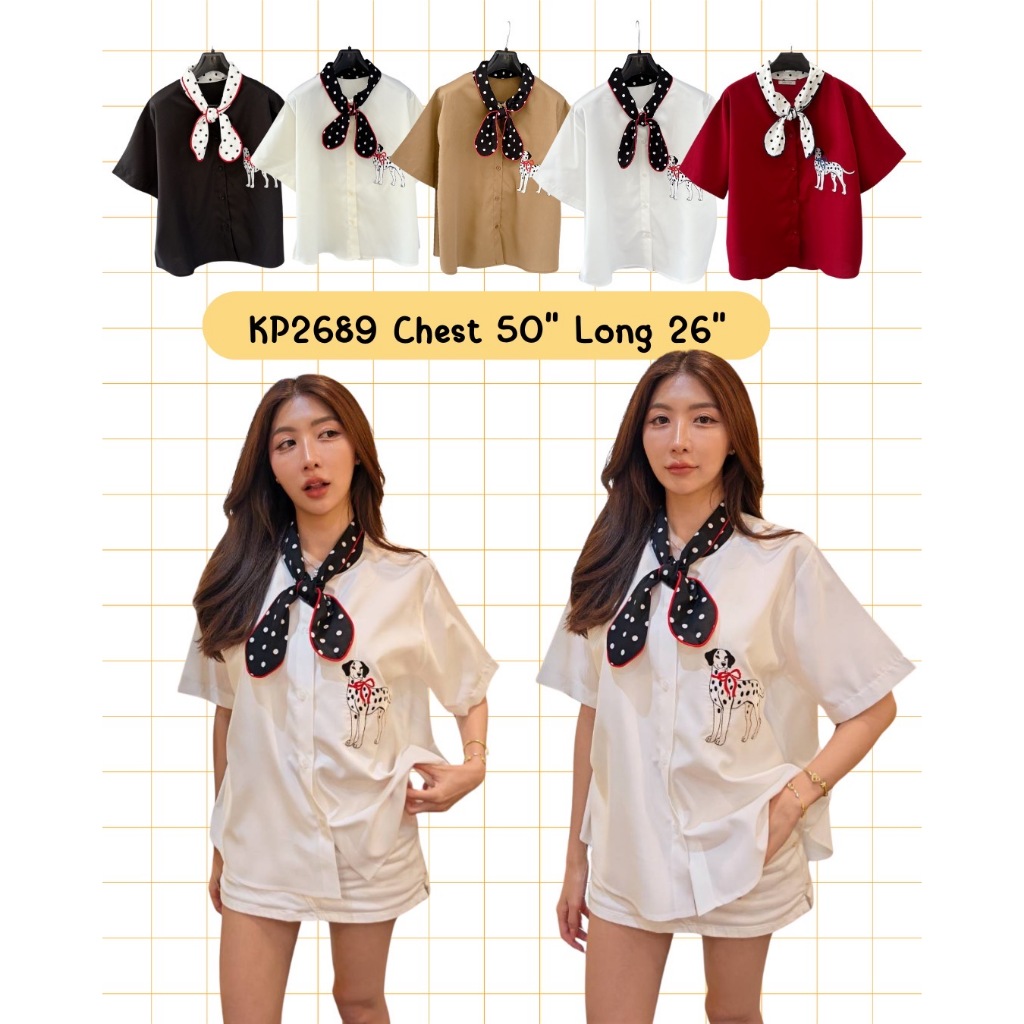 เสื้อเชิ้ตแขนสั้นมาใหม่ทรง over size  ลายปักน้องหมา มีแถมผ้าพันคอลายจุด งานน่ารักม๊ากก