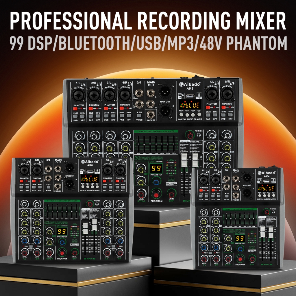 Ready Stock Audio Mixer ผลิตภัณฑ์ในสต็อก ABD-AK4/6/8 Channel มิกเซอร์เสียงมืออาชีพ 99 DSP เสียงบลูทู