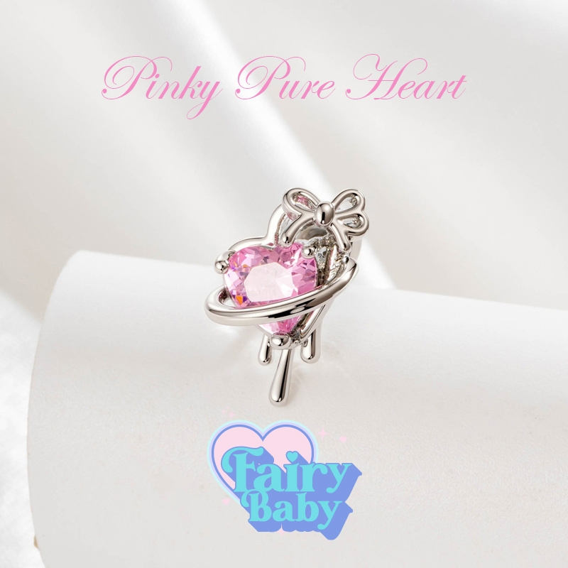 Fairybaby จิว Pinky Pure Heart ( 1 ชิ้น ) แป้นแบน รูปหัวใจ ประกาย สีชมพู โบว์ น่ารัก (J3-107)