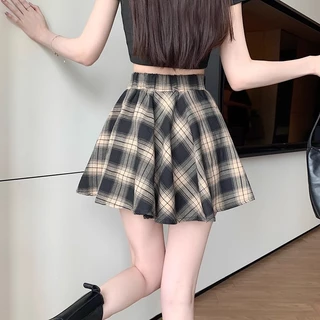S~5XL Mini Plaid skirt สีน้ำตาล กระโปรงลายสก็อตเอวสูงสไตล์เกาหลีเรโทร กระโปรงสั้นทรงเอไลน์แบบไม่สมมาตรสุดเก๋ HOT
