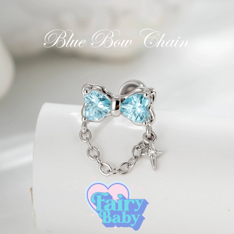 Fairybaby จิว Blue Bow Chain ( 1 ชิ้น ) แป้นแบน จิวตุ้มหู น่ารัก ตุ้งติ้ง รูปโบว์ โทนฟ้า โซ่ มาใหม่ (J3-008)