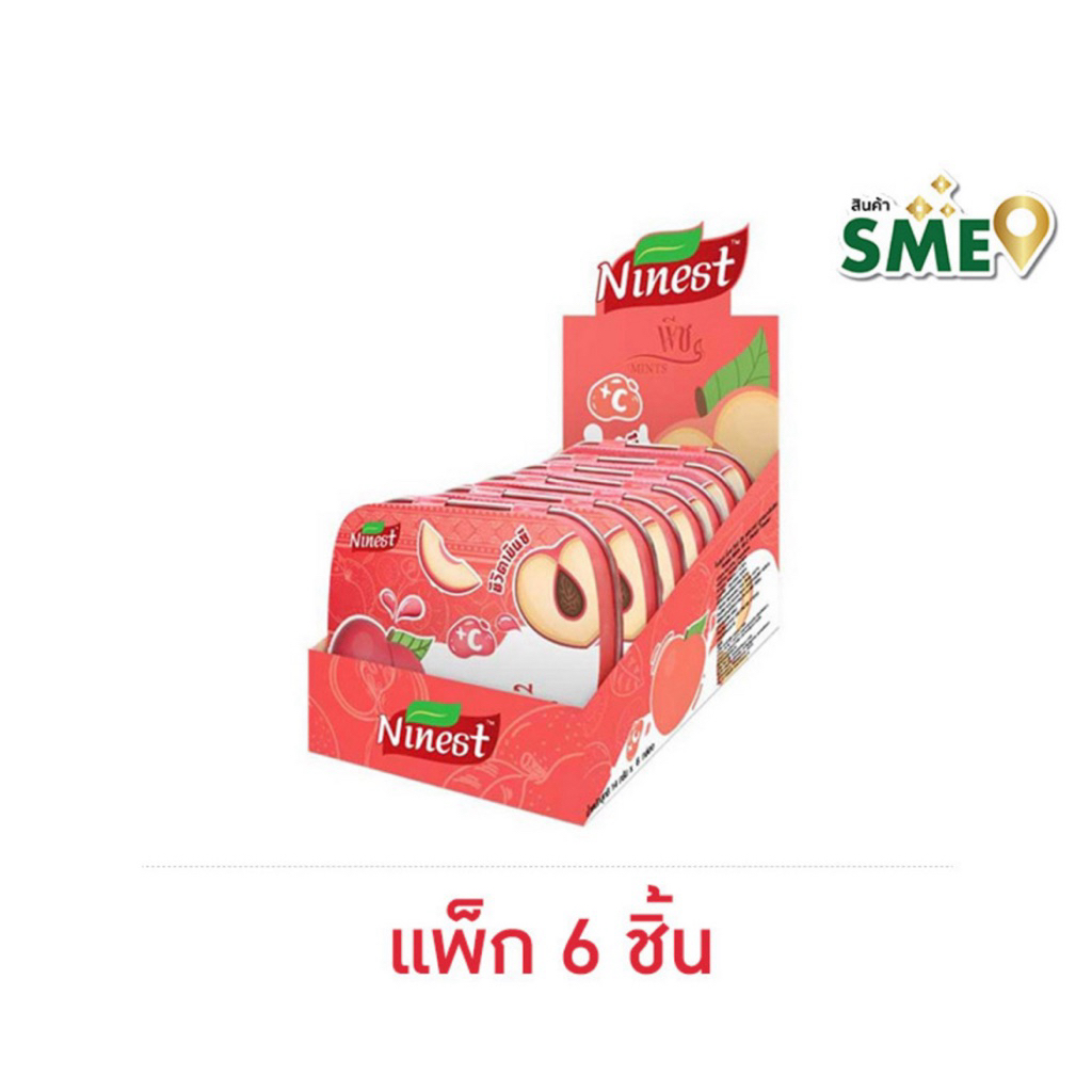 [แพ็ค6ชิ้น] ไนน์เนสลูกอมมิ้นต์วิตซีกลิ่นพีช 14ก. Ninest Mints Vit-C Peach Flavour