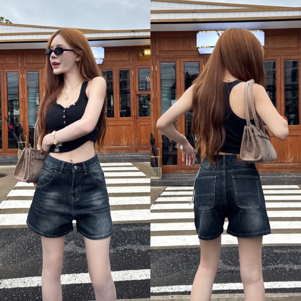 Looktrend888 ยีนส์3ส่วน เอวต่ำ ผ้าไม่ยืด สีดำฟอก เข้มสวย ไซส์ S-XL ป้าย JB ผ้านำเข้า