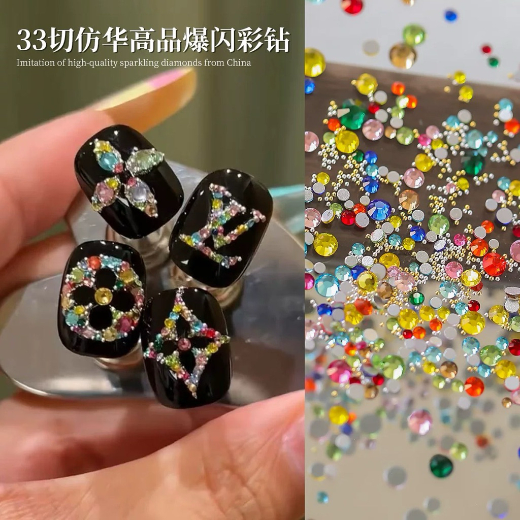 เพชรอย่างดีแบบคละสี แบบหลังเรียบ อะไหล่ใช้แต่งเล็บ เพชรคละสีผสมคาเวียร์