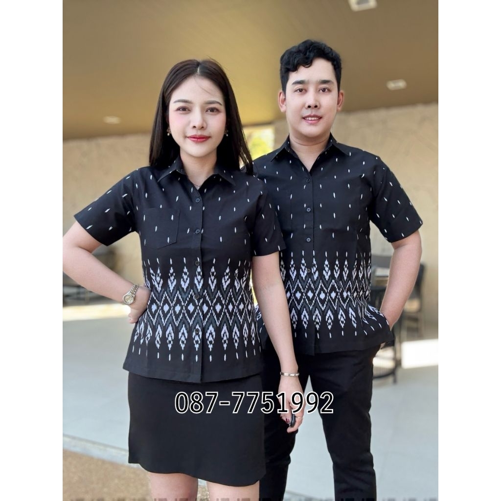 เสื้อเชิ้ตดำลายเชิงมัดหมี่ใหญ่(อัดผ้ากาว)