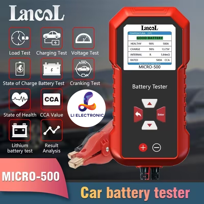 Lancol Micro500 เครื่องวิเคราะห์แบตเตอรี่รถยนต์ 12V 24V 40-3000 CCA แบตเตอรี่ลิเธียม