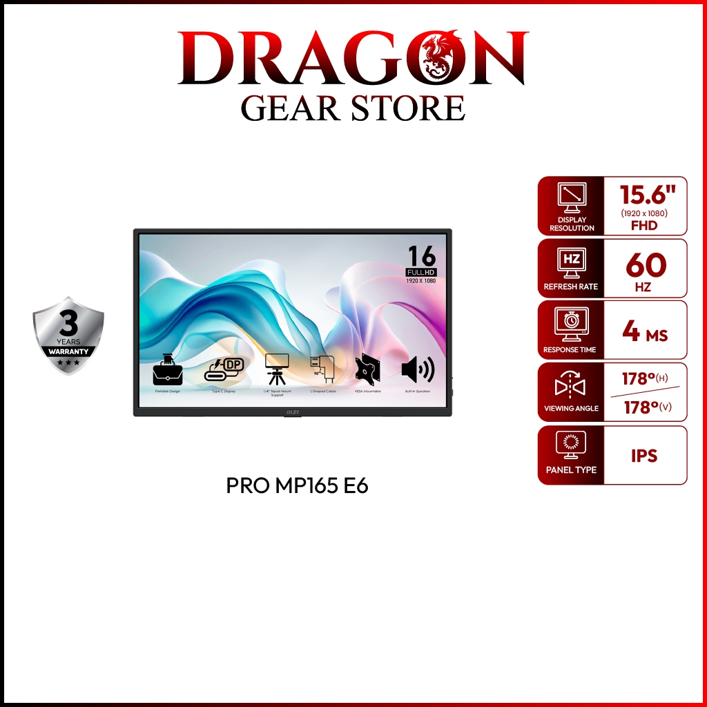 MSI MONITOR PRO MP165 E6 | 15.6" | IPS | FHD | 60Hz | 4ms (จอคอมพิวเตอร์)