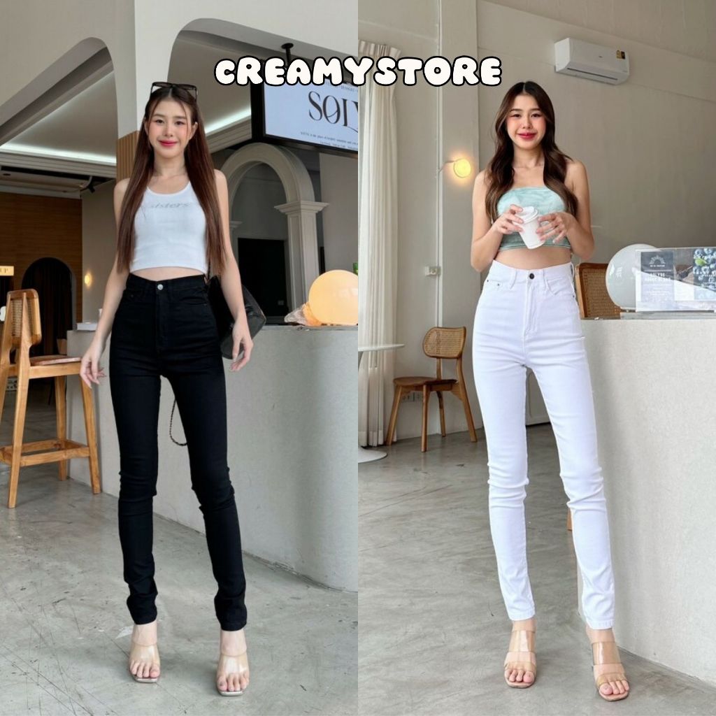 CreamyStore กางเกงยีนส์ขาเดฟสลิมเอวสูงปรี๊ด ดำและขาว ผ้ายืด ป้ายyam jeans Skinny Jeans
