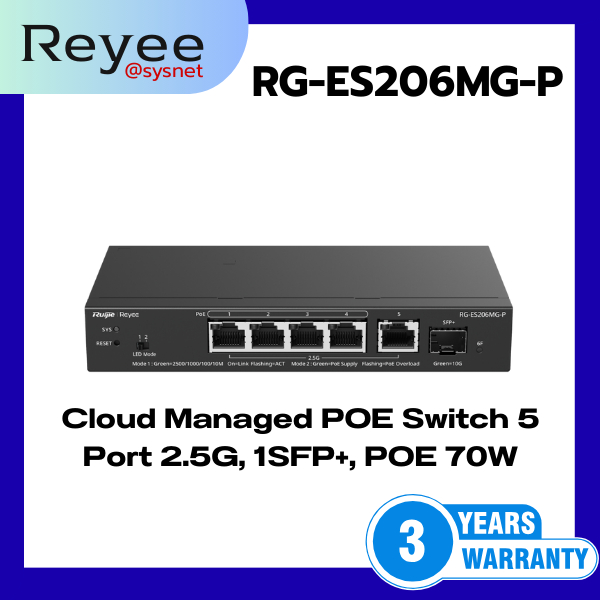 RG-ES206MG-P Reyee Cloud Managed POE Switch 5 Port 2.5G, 1SFP+, POE 70W