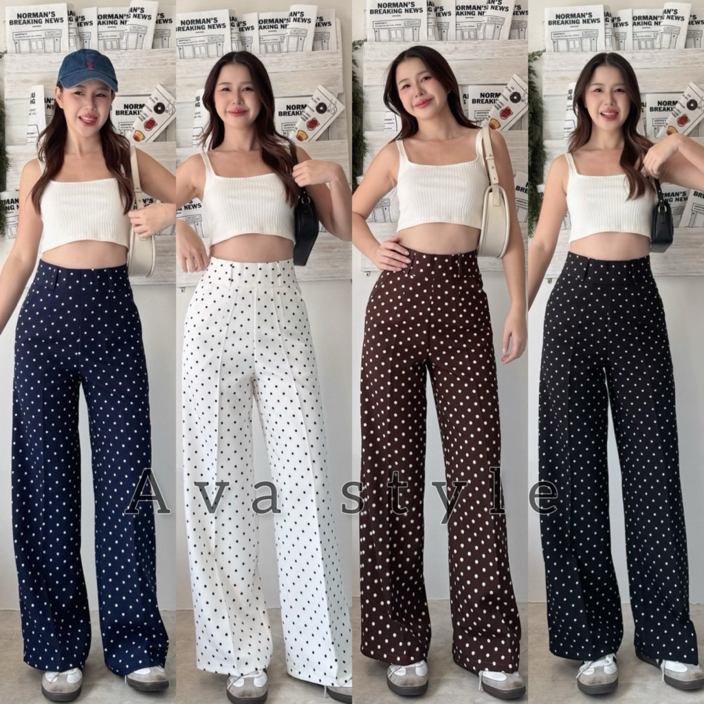 S-XXL polka dots กางเกงขากระบอกเอวสูง ชิปหลัง ผ้าพิมพ์ลายจุด ผ้าพริ้วใส่สบาย