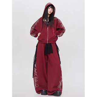 [Trendy casual two-piece set]ฮิปฮอปวินเทจพิมพ์เทรนด์ผู้หญิงเสื้อคลุมซิปและกางเกงขากว้าง