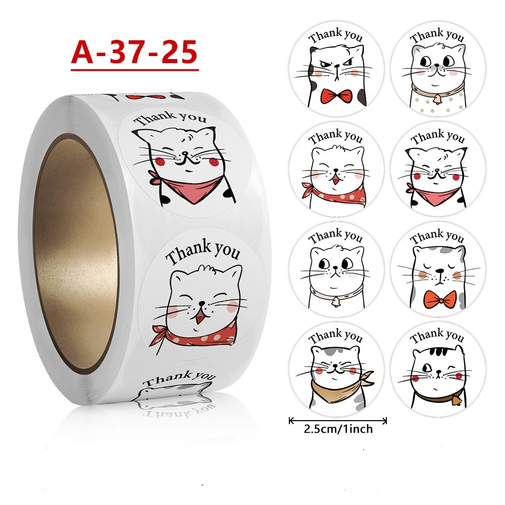 ( J ) รวมลายแมว​ สติกเกอร์ Thank You 1 นิ้ว 500 ดวง