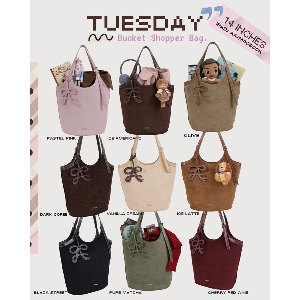 8anglesshop- กระเป๋า💖🧀 “ Tuesday “ 9โทนสี “ ทรงถัง Shopper Bag. สายปรับได้ ขนาด14นิ้ว E033