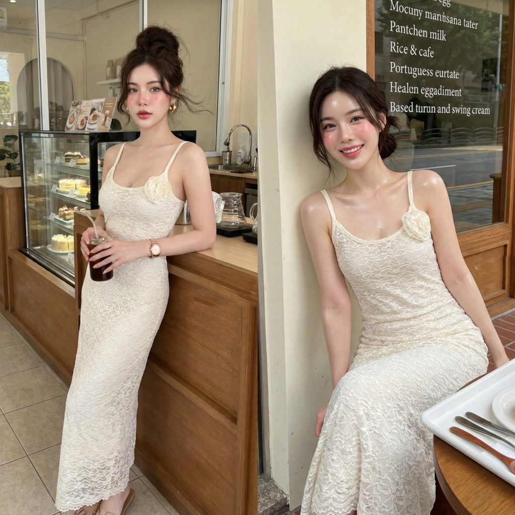 Teera❤️พร้อมส่ง✨เดรสยาว ผ้าลูกไม้ยืดเนื้อนิ่ม แต่งดอกไม้หน้าอก💋กระโปรงผ่าข้าง ซิป+ซับในทั้งตัว💕สายปรับได้ goodluck