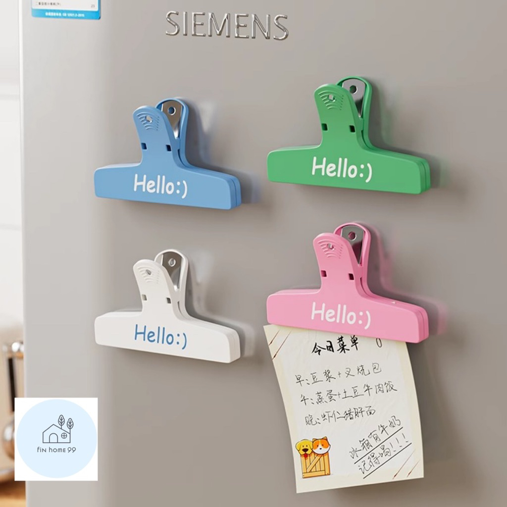 🧸แม่เหล็กตัวหนีบติดตู้เย็น  คลิปหนีบถุงอาหารพร้อมแถบแม่เหล็ก “Hello :)” โทนพาสเทล สไตล์มินิมอล ใช้หนีบของกิน