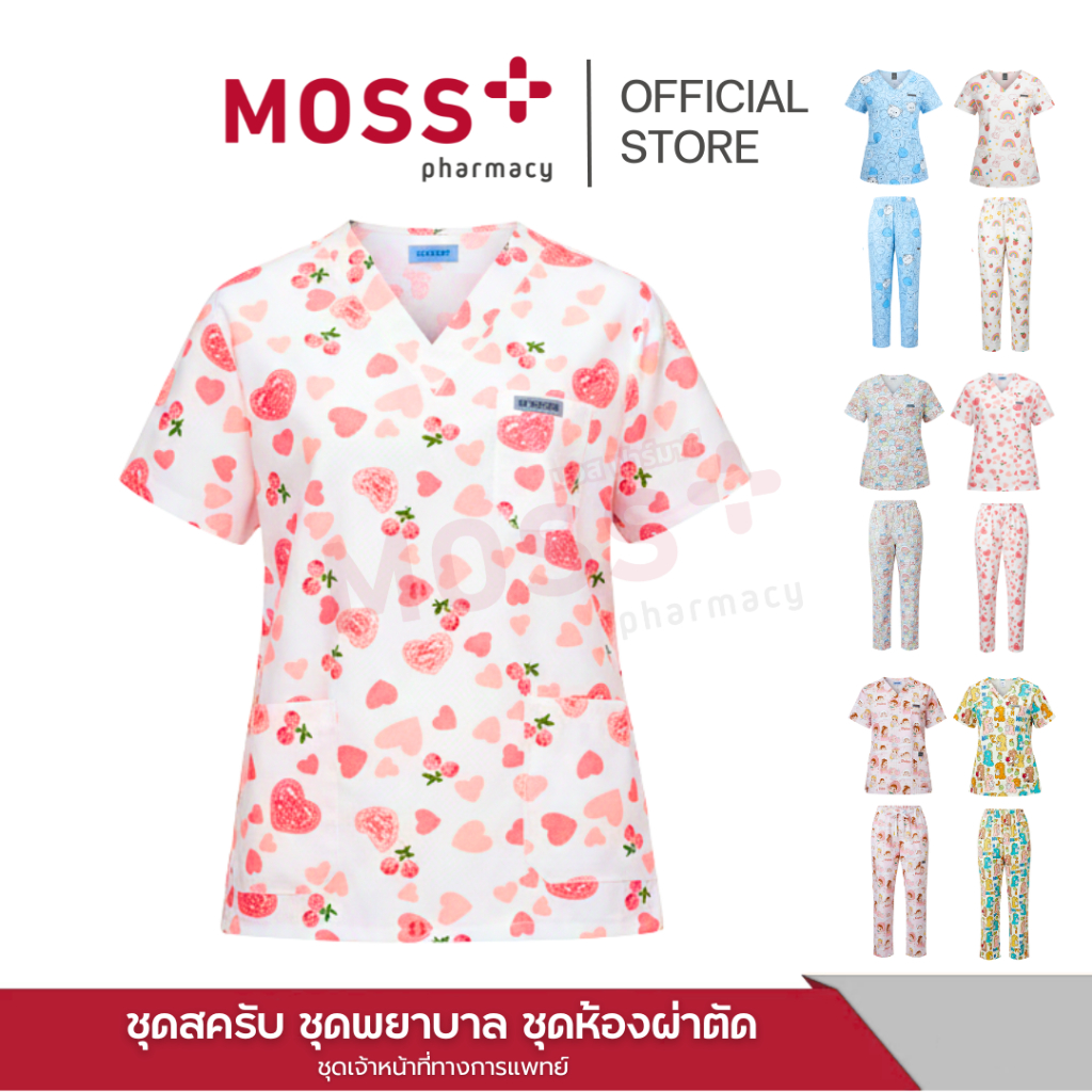 ชุดสครับ ชุดพยาบาล ชุดห้องผ่าตัด (เสื้อ+กางเกง) คอวี ลายการ์ตูน ผ้าเส้นใยโพลีเอสเตอร์ ระบายอากาศได้ดี