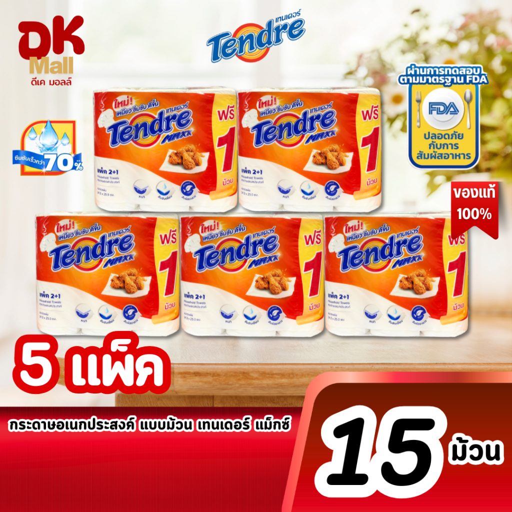 (live) Tendre Maxx กระดาษอเนกประสงค์ แบบม้วน เทนเดอร์ แมกซ์ (5 แพ็ค 15 ม้วน) เหนียว ซึมซับดี ปลอดภัยสำหรับการสัมผัสอาหาร