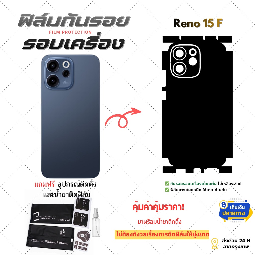 ฟิล์มกันรอยด้านหลังและขอบข้าง OPPO Reno 15 F | งานตัดเนียน แนบสนิท ใช้คู่กับเคสได้