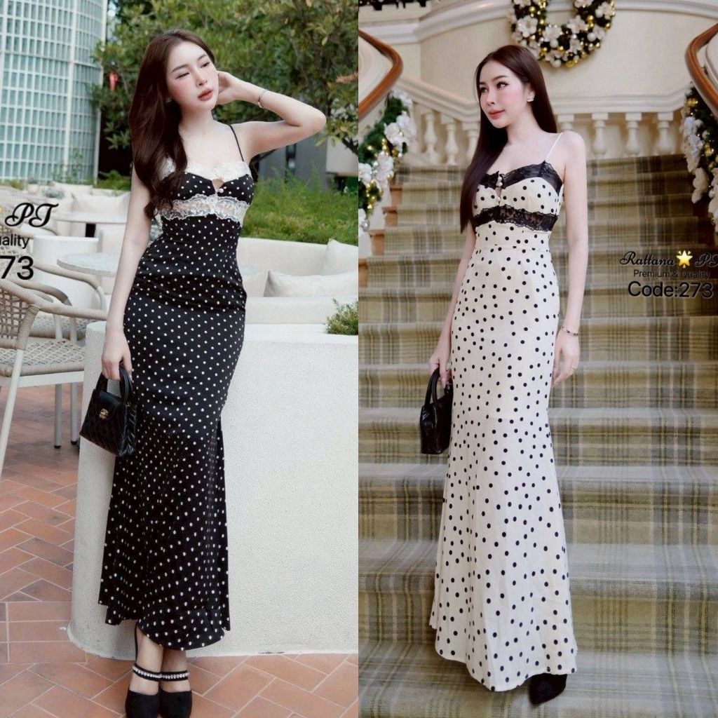 Rattana เดรสยาวสุดเก๋ เซ็กซี่เบาๆ ทรงสวยมาก แต่งลูกไม้ช่วงหน้าอก สายสามารถปรับได้