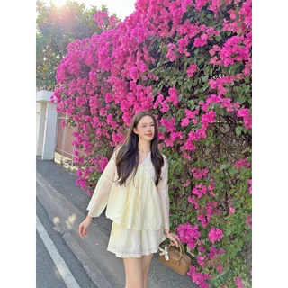 ส่งทันที 🚨 เพิ่มซับใน ขาว/เหลือง/ฟ้า SLYQ BELLE V NECK BLOUSE & SHORTS SET เซ็ตเสื้อเบลาส์แขนยาวคอวีและกางเกงขาสั้น