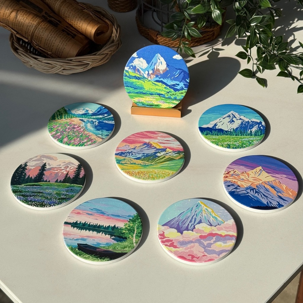ที่รองแก้วลายทิวทัศน์ ที่รองแก้วลายภูเขา ที่รองแก้วลายธรรมชาติ ลายแม่น้ำ