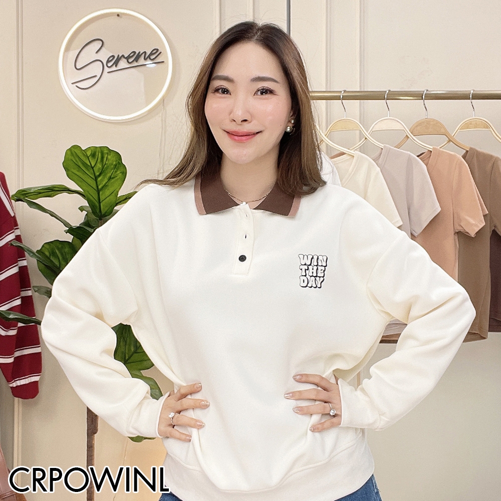 Serene's Choice เสื้อกันหนาว แขนยาว คอโปโล ผู้หญิง Polo Shirt สกรีนลาย WIN THE DAY