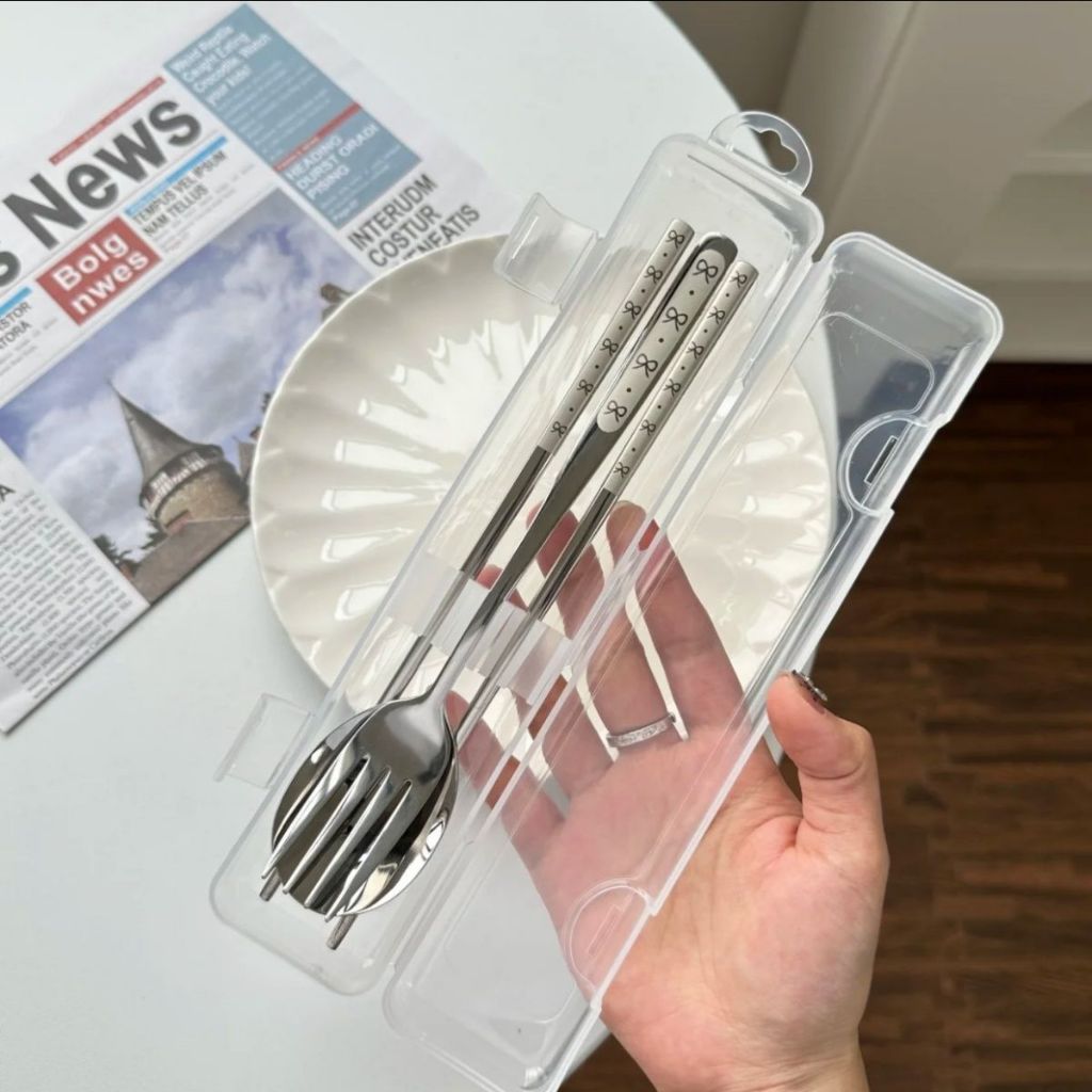 ชุดช้อนส้อมพกพา สแตนเลส 3 ชิ้น ลายโบว์ พร้อมกล่องใส่ ช้อนส้อมตะเกียบ หนา แข็งแรง สไตล์เกาหลี🎀 - รูปที่ 5