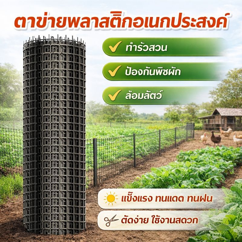 ตาข่ายพลาสติก 50ม 🐔 รั้วสวน ตาข่ายกันนก ตาข่ายเลี้ยงไก่ 🌿 ตาข่ายระแนงรั้วผลไม้ ตาข่ายปีนป่าย ทนแดดทนฝน กันสัตว์สวน