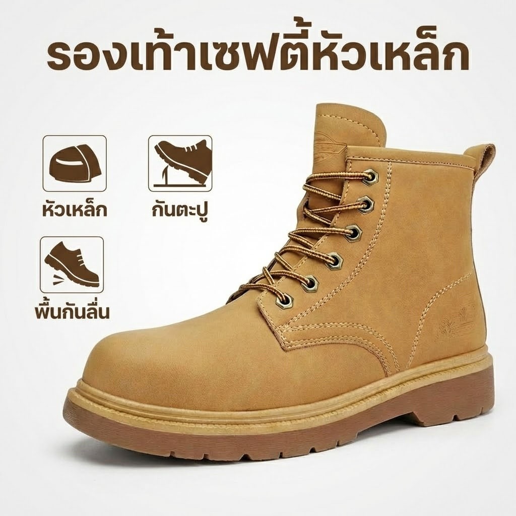 เก็บเงินปลายทาง รองเท้านิรภัยผู้ชาย หัวเหล็กกันกระแทก ทำงานกันน้ำ กันเจาะ ทนทาน สบายต่อเท้า เซฟตี้ป้องกัน