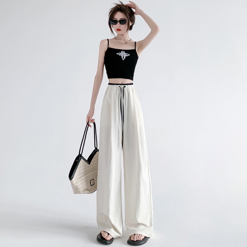 2026 ฤดูร้อนกางเกงผอมตรงผู้หญิงพื้นผิวอ่อนนุ่ม Splicing กีฬากางเกงขายาวลำลองกางเกงน้ำแข็งขากว้าง - รูปที่ 3