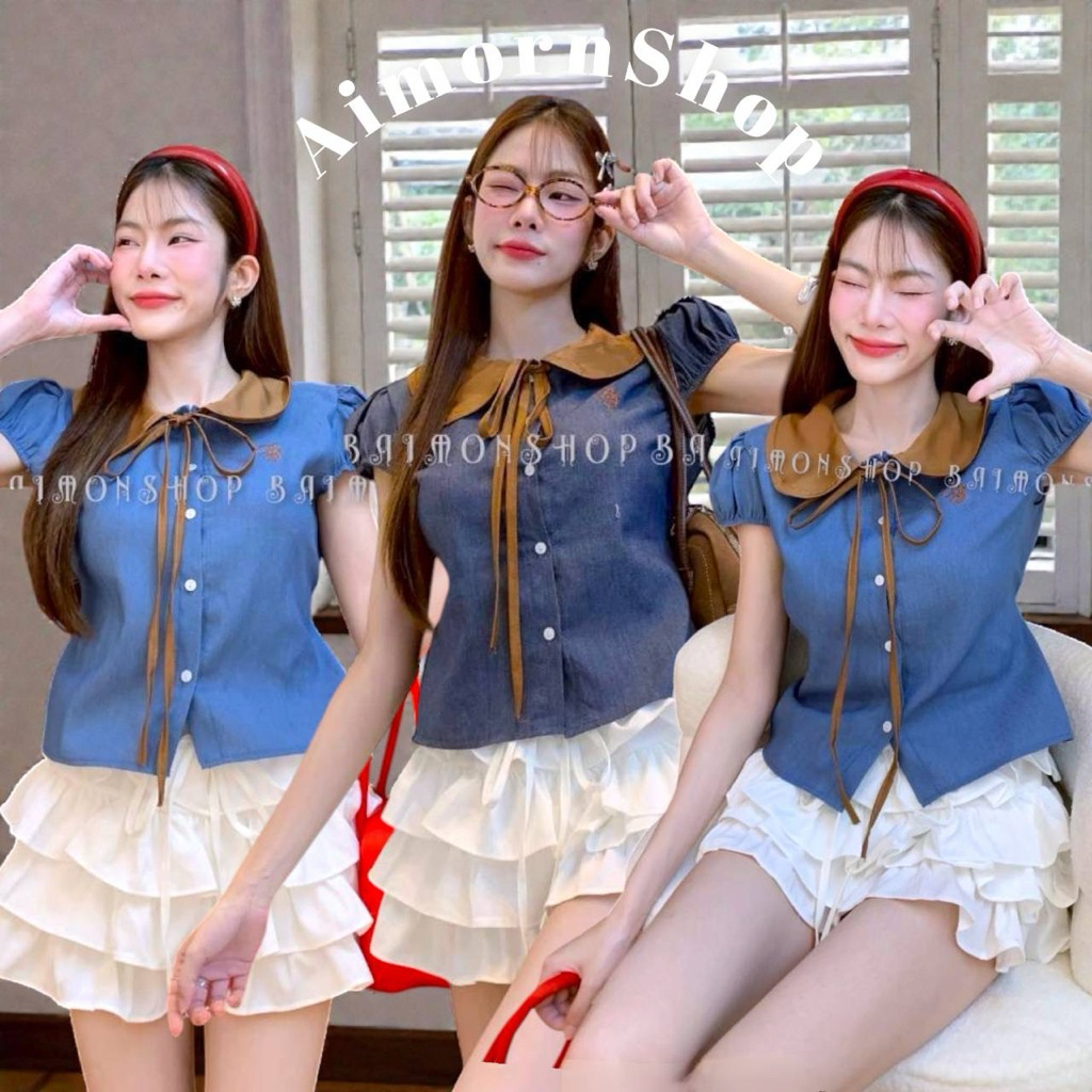 🔥aimorn_shop🔥เสื้อแขนตุ๊กตา ทรงคอบัวผูกโบว์ กระดุมใช้ได้จริง มีเชือกผูกหลัง ดีเทลสวยหรูมาก