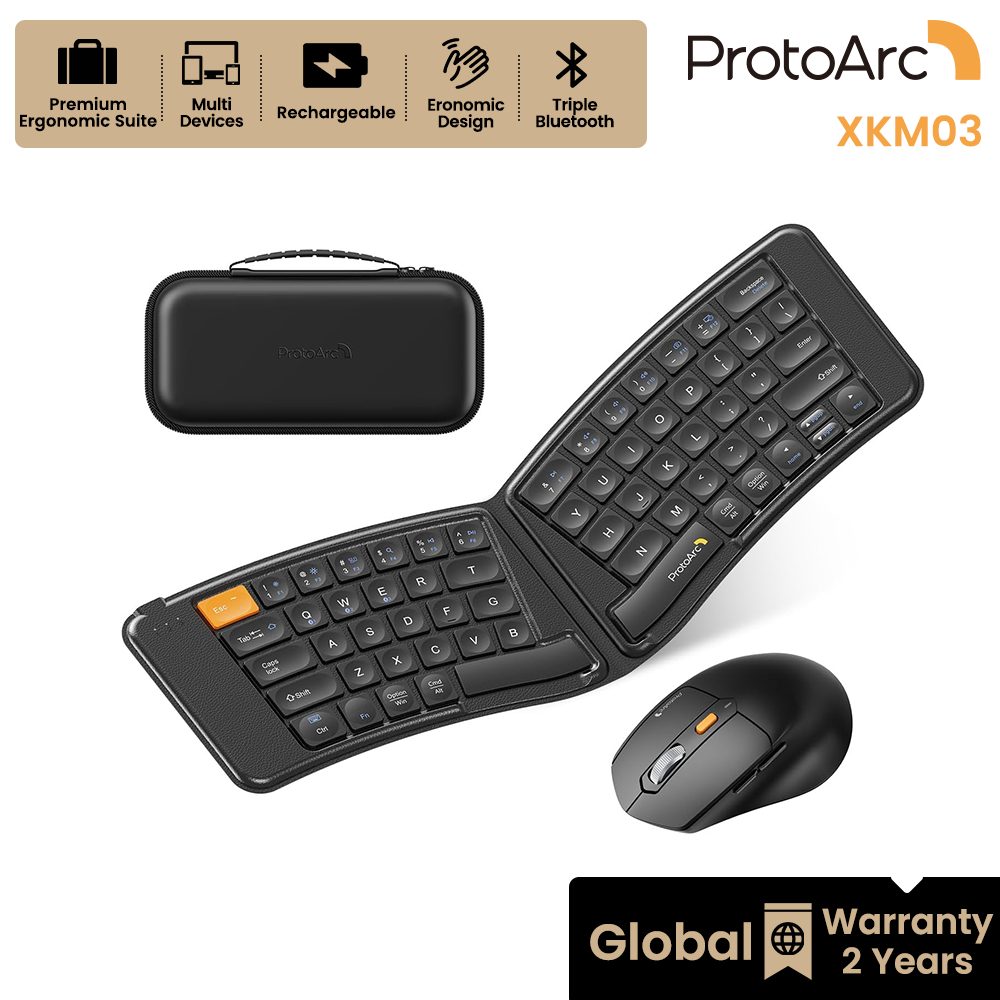 ProtoArc XKM03 คีย์บอร์ดและเมาส์พับได้ เพื่อสุขภาพ ไร้สาย Bluetooth 3 ช่อง ชาร์จได้ พร้อมเคสพกพา รับประกันทั่วโลก 2 ปี