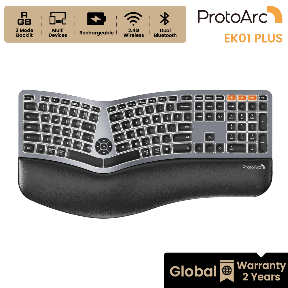 ProtoArc EK01 Plus คีย์บอร์ดเพื่อสุขภาพ ไร้สาย Bluetooth คู่ + 2.4G มีไฟ Backlit ชาร์จได้ รับประกันทั่วโลก 2 ปี