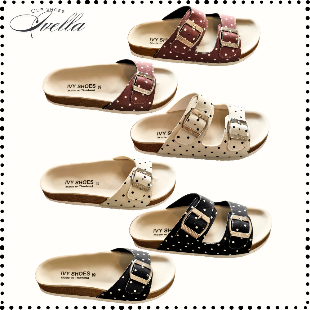 รองเท้าแตะ IVY SHOES (แนะนำลด1ไซส์) ไบเก้น ลายจุด (polka dot) พื้นนุ่ม มี3สี หน้าเข็มขัด 1ตอน/2ตอน (รุ่นDOT02)