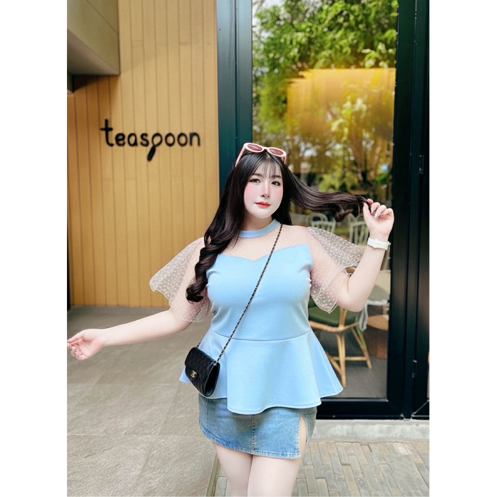 เสื้อแต่งแขนระบายมุ้งจุดกำมะหยี่ ไซส์ใหญ่ เสื้อสำหรับสาวอวบอ้วนใส่งานบุญ งานแต่ง อก46-56ใส่พรางหุ่นสวยมาก - รูปที่ 3