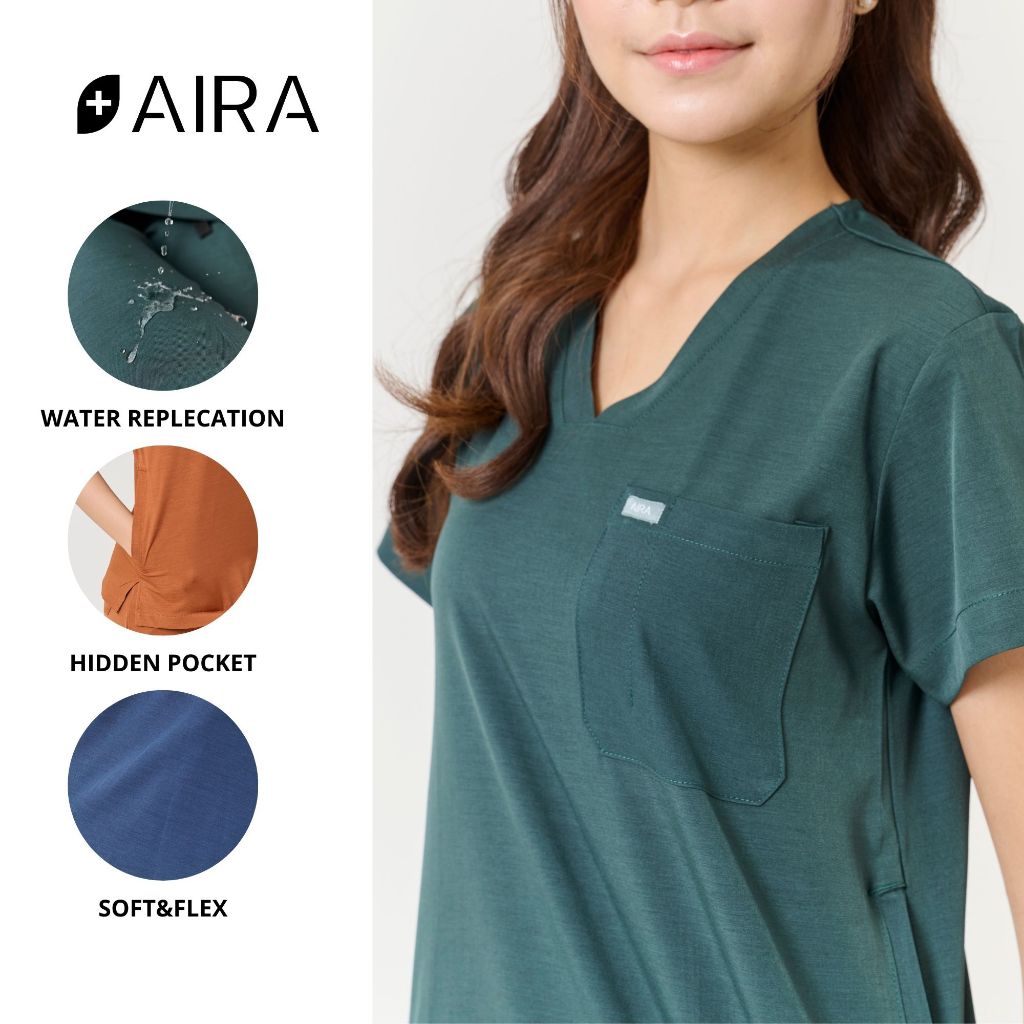 (ปักชื่อฟรี) ชุดสครับ Aira scrubs ชุดสครับสะท้อนน้ำ สีเขียวเข้ม
