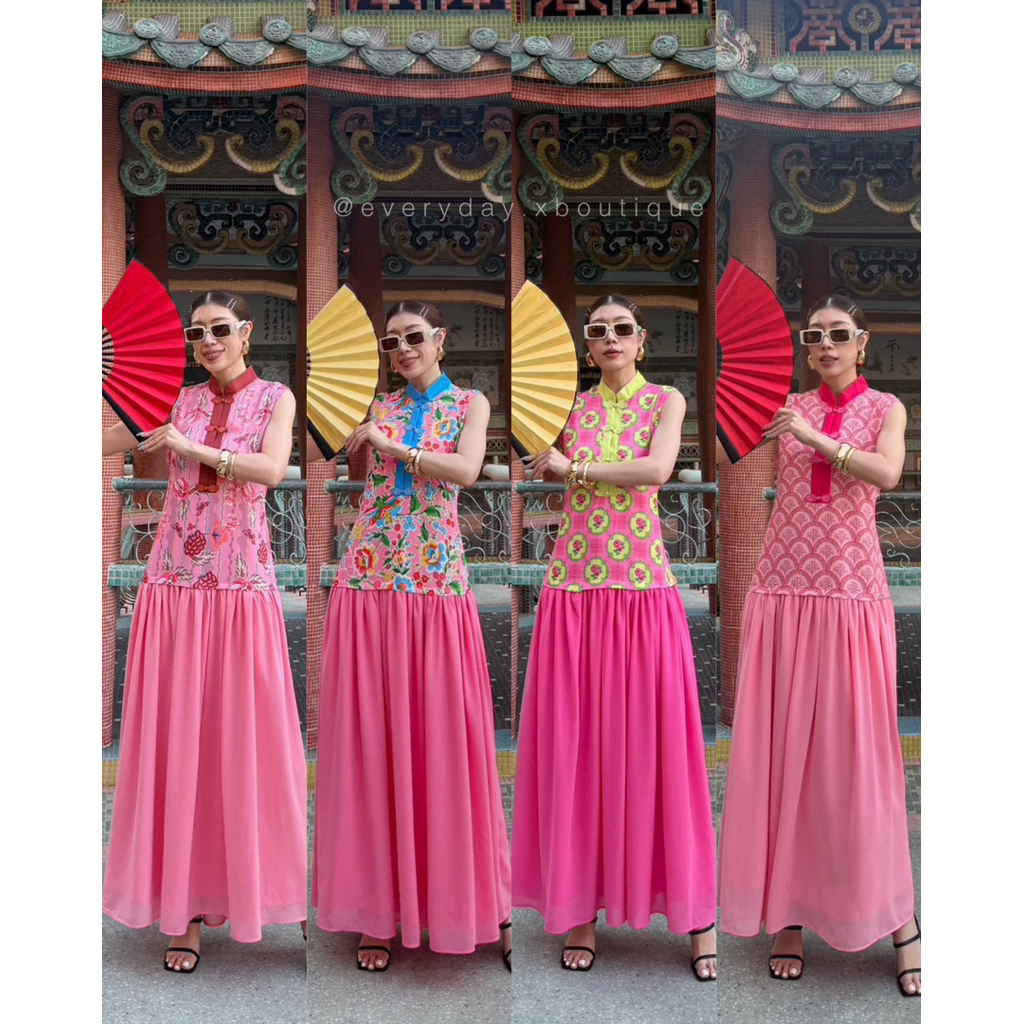 9978 🥡New Arrival🥢 STUDIOX2 CNY QiPao Chiffon Maxi Dress STUDIOX2(01/02) เดรสกี่เพ้าแขนกุดคอจีนกระดุ