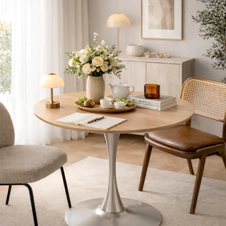 Homemark โต๊ะกลม[ออกใบกับภาษี] ลายไม้ สีธรรมชาติ มินิมอล ขาสแตนเลส ตกแต่งร้าน โต๊ะสไตล์คาเฟ่ ร้านอาหาร ร้านกาแฟ Top25mm