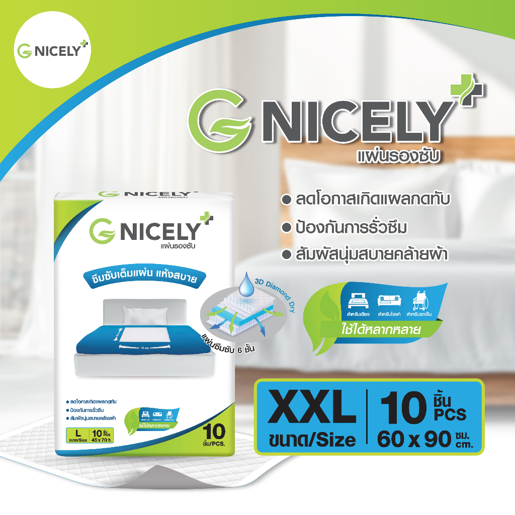 จี ไนซรี่ แผ่นรองซับ Size XXL 60x90 cm. แพ็ค 10 ชิ้น แผ่นกันเปื้อนที่นอน แผ่นรองปัสสาวะ G Nicely Adult Disposable Pads