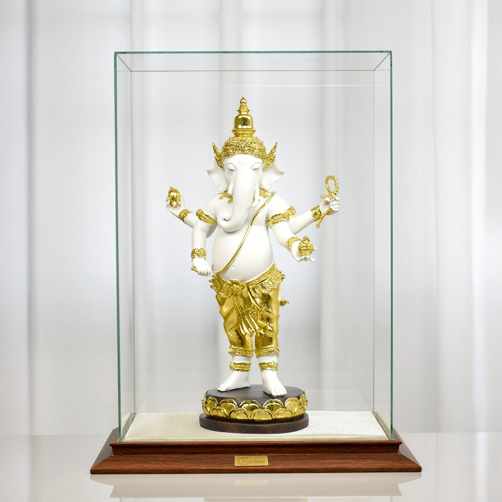 พระพิฆเนศ ปางยืน 4 กร ประทานพร สีขาวปิดทอง เสริม ความสำเร็จ ความมั่งคั่ง โชคลาภ ของขวัญมงคล