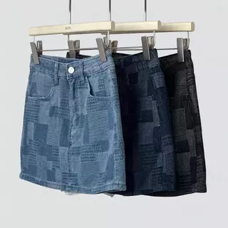 Atipashop - Ligne Denim Skirt (#ATP601) กระโปรงสั้นยีนส์ลายสก็อตตาราง